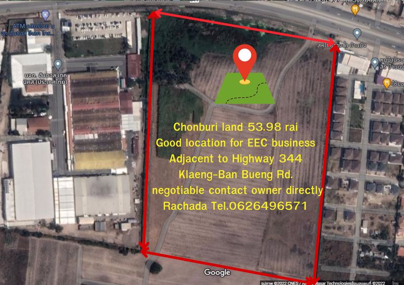 ขายที่ดินชลบุรี 54ไร่ ทำเลธุรกิจดี ติดถนน344  แหล่งเศรษฐกิจ EEC พื้นที่เจริญอย่างต่อเนื่อง